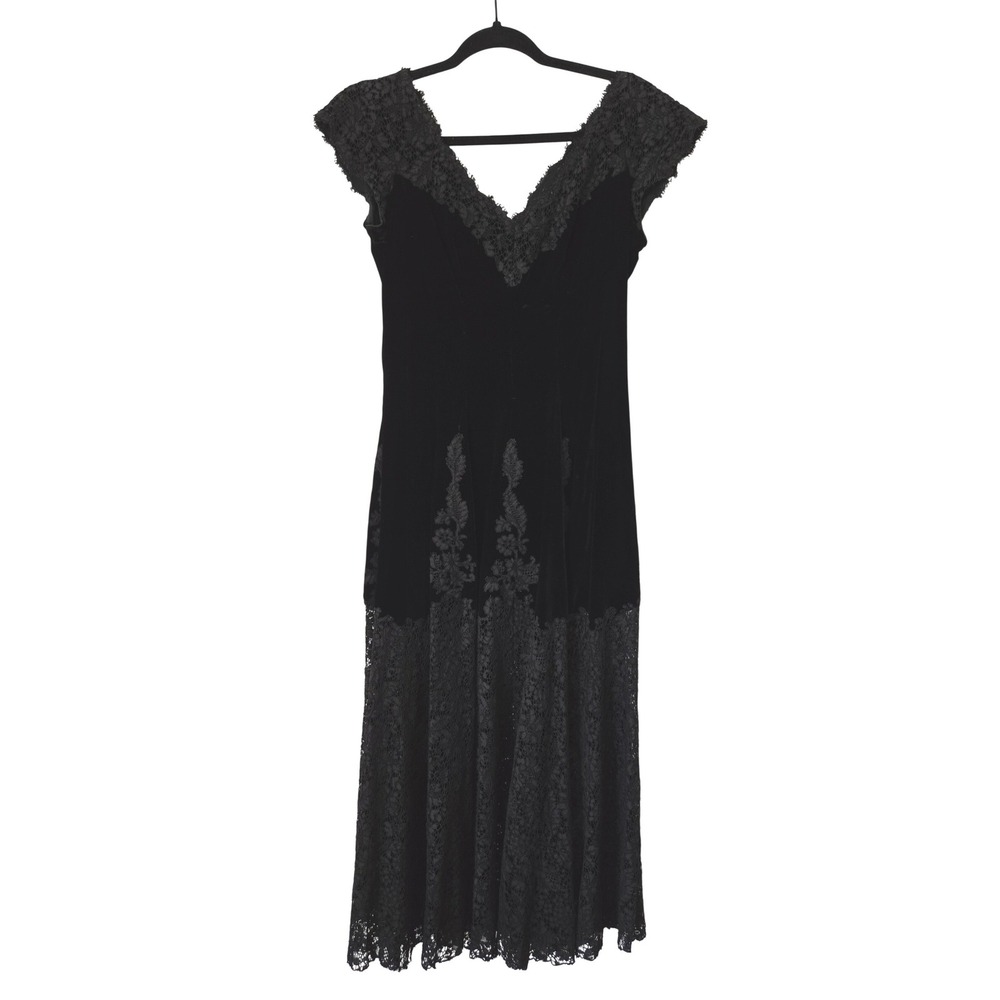 Vintage Womens Small Cocktail Dress Black Velvet Lace 60s Gothic Drop Waist